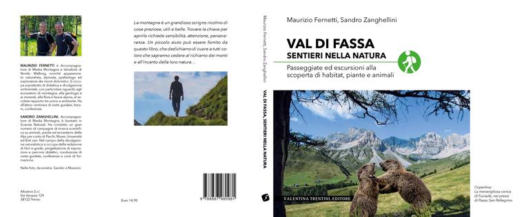 Copertina e retro del libro "Val di Fassa. Sentieri nella natura" di Sandro Zanghellini e Maurizio Fernetti